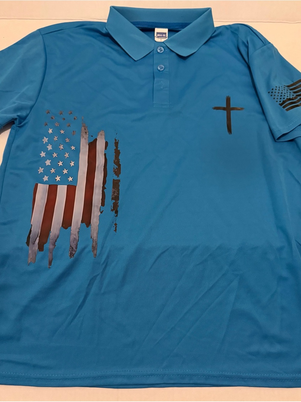 I41 Small Men's Blue Graphic Polo Shirt with American Flag and Cross